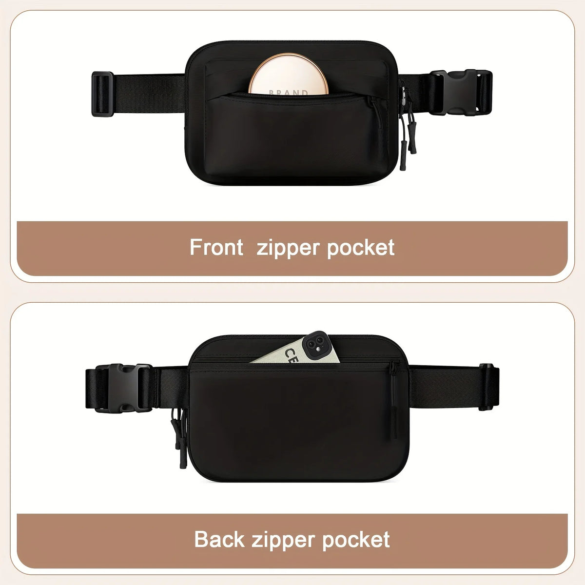 A black waterproof crossbody waist bag shown with front and back zippered pockets.