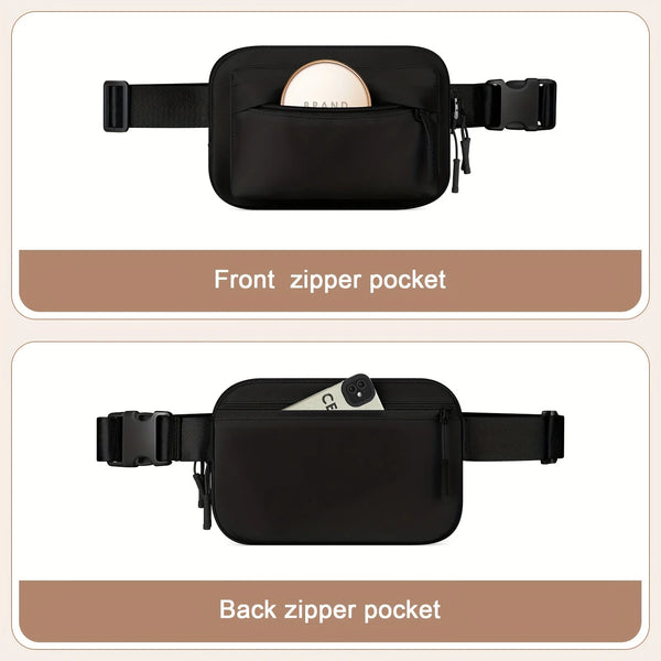 Bolso cruz impermeable negro con bolsillos delanteros y traseros con cremallera.