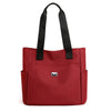 A deep red nylon shoulder tote bag with black straps.