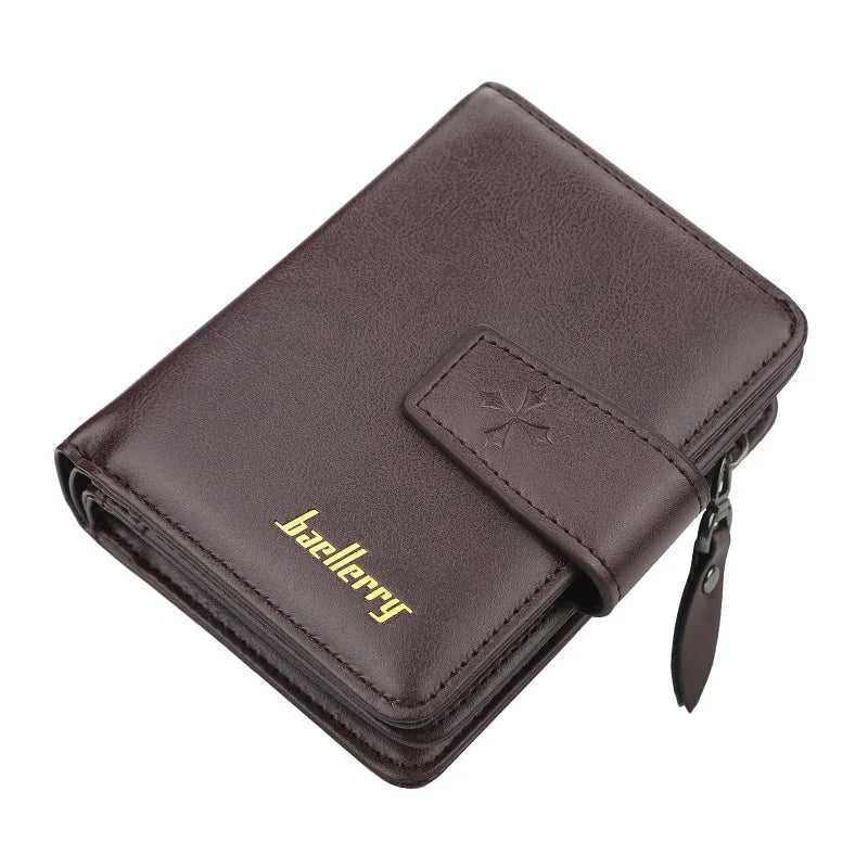 A dark brown vintage PU leather men's card holder wallet shown from above.