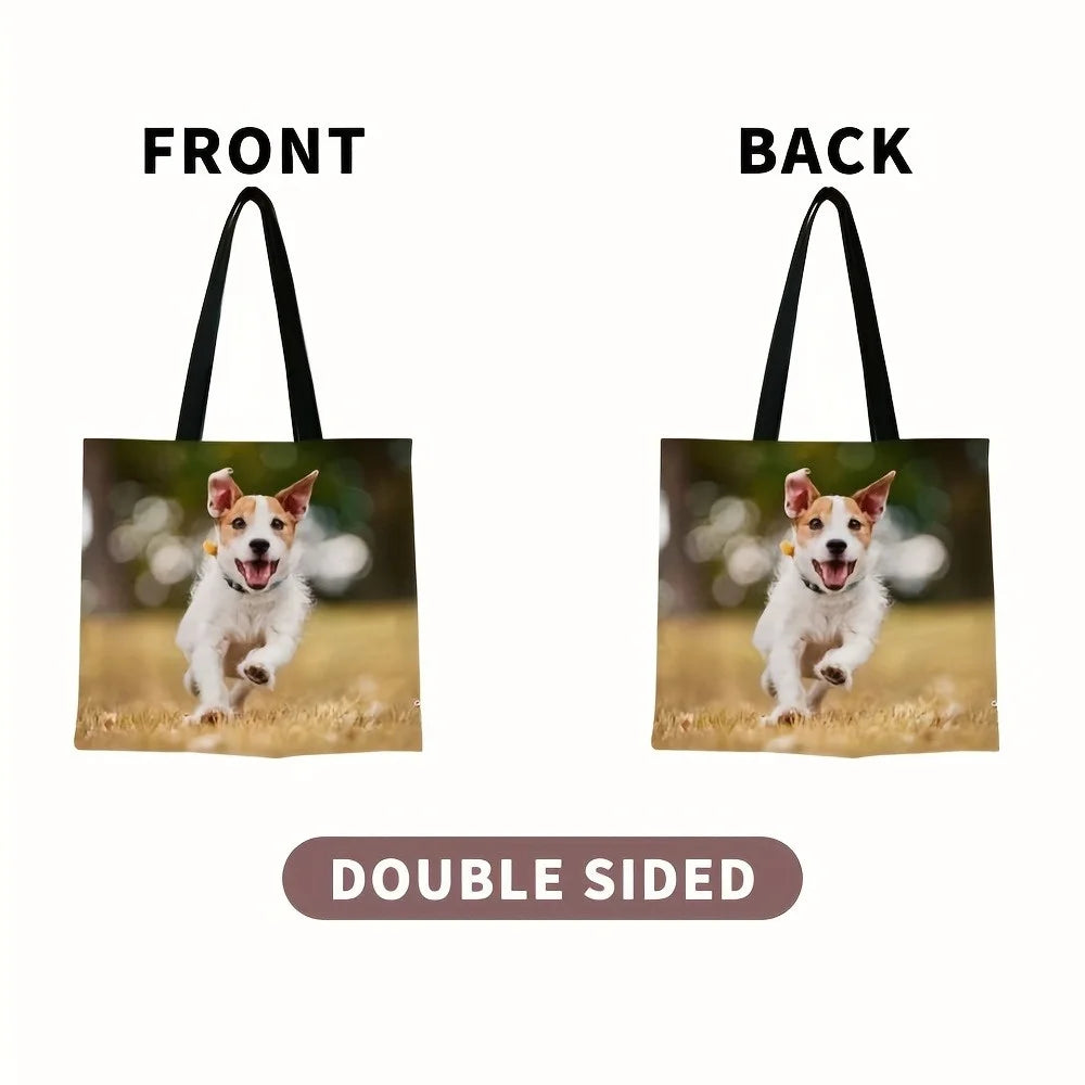 Front and back views of a reusable photo tote bag featuring a dog running in a field.