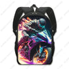 A black backpack featuring a graphic of a motorcyclist in a futuristic suit speeding through flames and light.