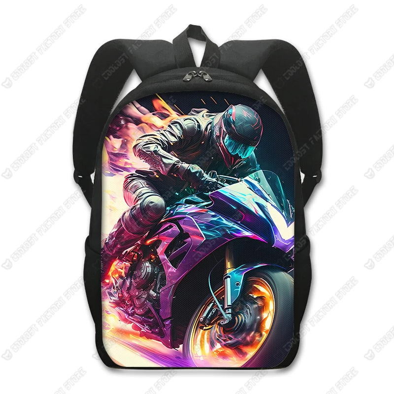 A black backpack featuring a graphic of a motorcyclist in a futuristic suit speeding through flames and light.