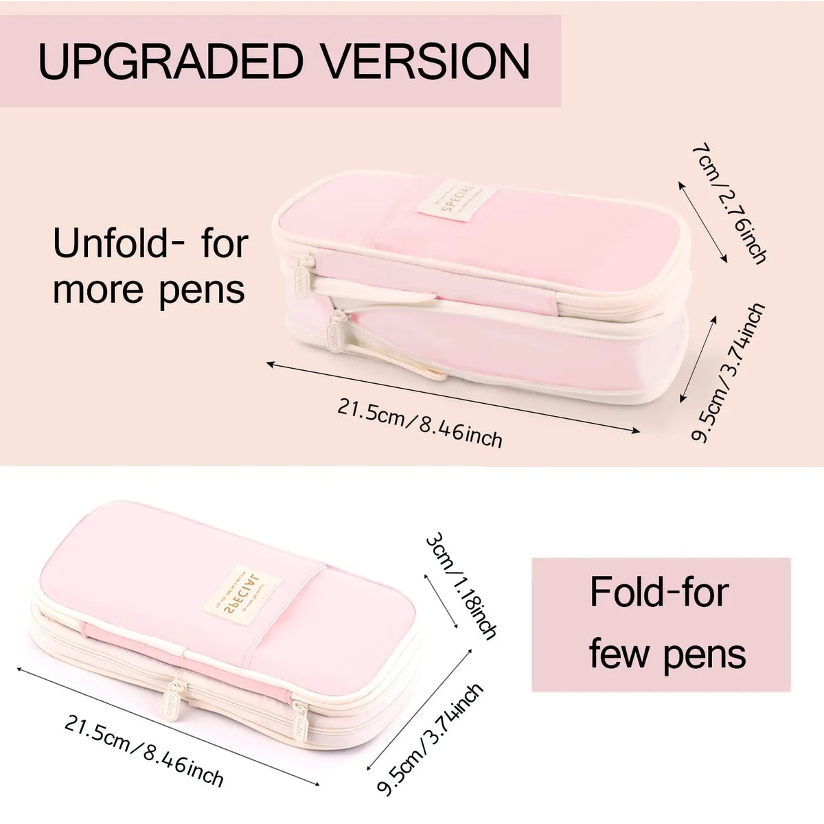 Pink pencil case shown in two versions: an unfolded version for more pens and a fold-for few pens version.