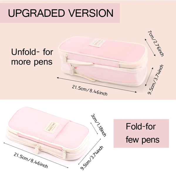 Pink pencil case shown in two versions: an unfolded version for more pens and a fold-for few pens version.