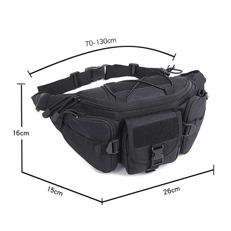 Black tactical waist pack or belt bag with adjustable straps and buckles shown from above.