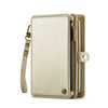Cartera de cuero beige para pasaporte con cremallera y correa, mostrada sobre fondo blanco.