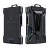 A black slim aluminum metal ID card wallet with a protective case and a visible barcode.