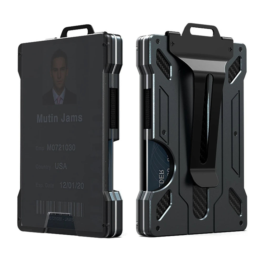 A black slim aluminum metal ID card wallet with a protective case and a visible barcode.