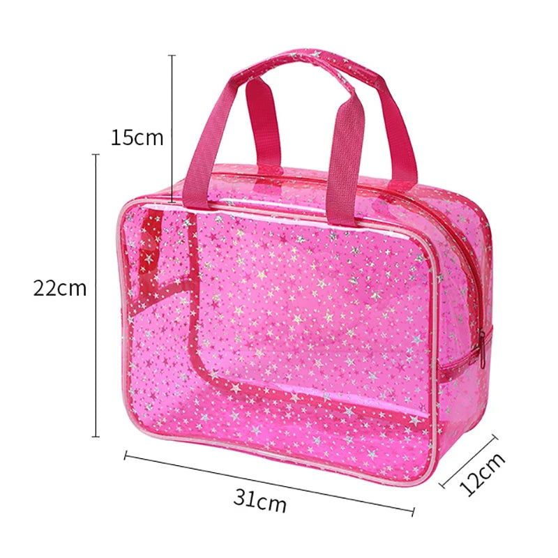 A pink glitter makeup organizer bag with pink handles and clear plastic.