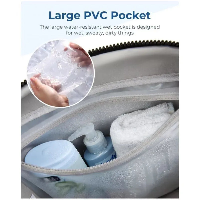 A close-up view of a large water-resistant PVC pocket inside a travel bag, showing its texture and design.