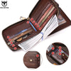 A brown genuine leather striped wallet showing various card slots and a folded wallet detail.