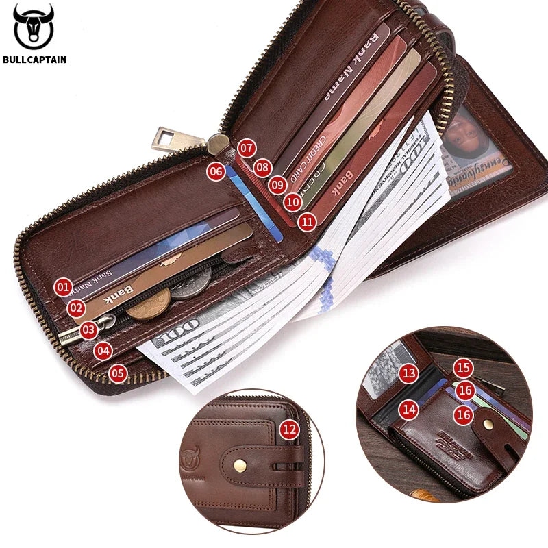 A brown genuine leather striped wallet showing various card slots and a folded wallet detail.