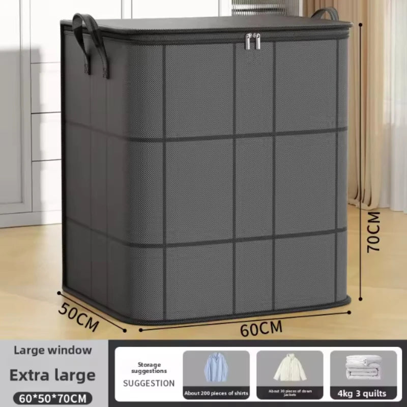 Sac de rangement pour vêtements gris robuste et pliable avec extérieur en maille et poignées supérieures.