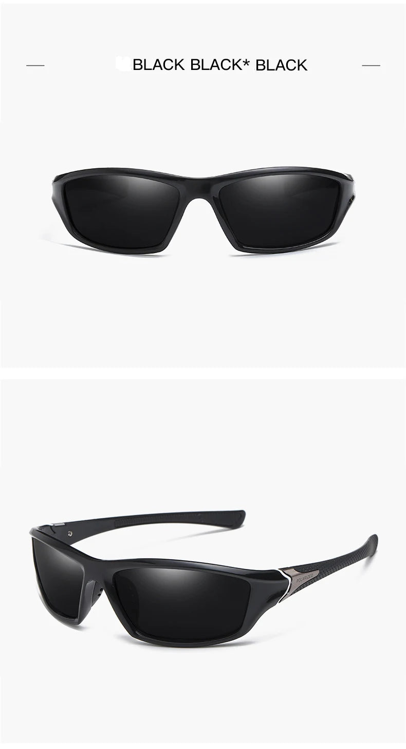Gafas deportivas polarizadas negras mostradas en una foto de producto.