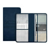 A dark blue PU leather car document organizer with clear pockets and a VIP section.