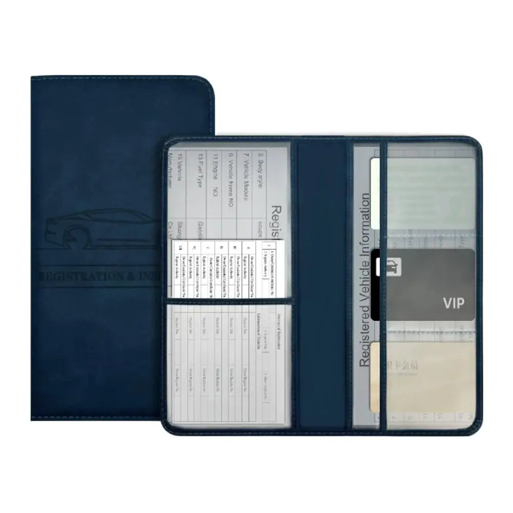 A dark blue PU leather car document organizer with clear pockets and a VIP section.