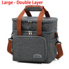 Large double layer insulated lunch bag in gray with brown straps and a collapsible design.