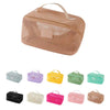 A collection of cosmetic organizer pouches in various colors including beige, purple, yellow, green, and pink.