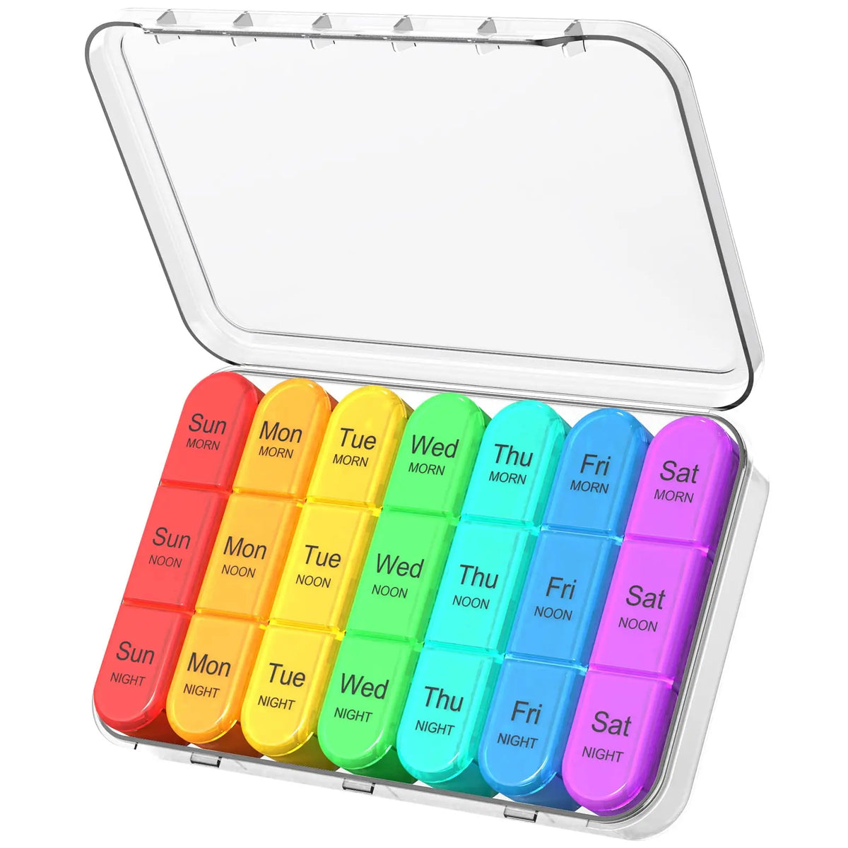 A clear weekly pill organizer showing seven colored compartments labeled Sun through Sat with Morning and Noon doses.