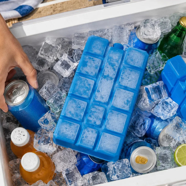 Blue reusable gel ice blocks filling a cooler with ice and beverages