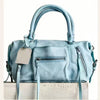 Light blue vintage PU leather crossbody tote bag with adjustable strap