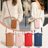 A collection of women's mini PU leather crossbody phone bags in brown, pink, red, and blue.
