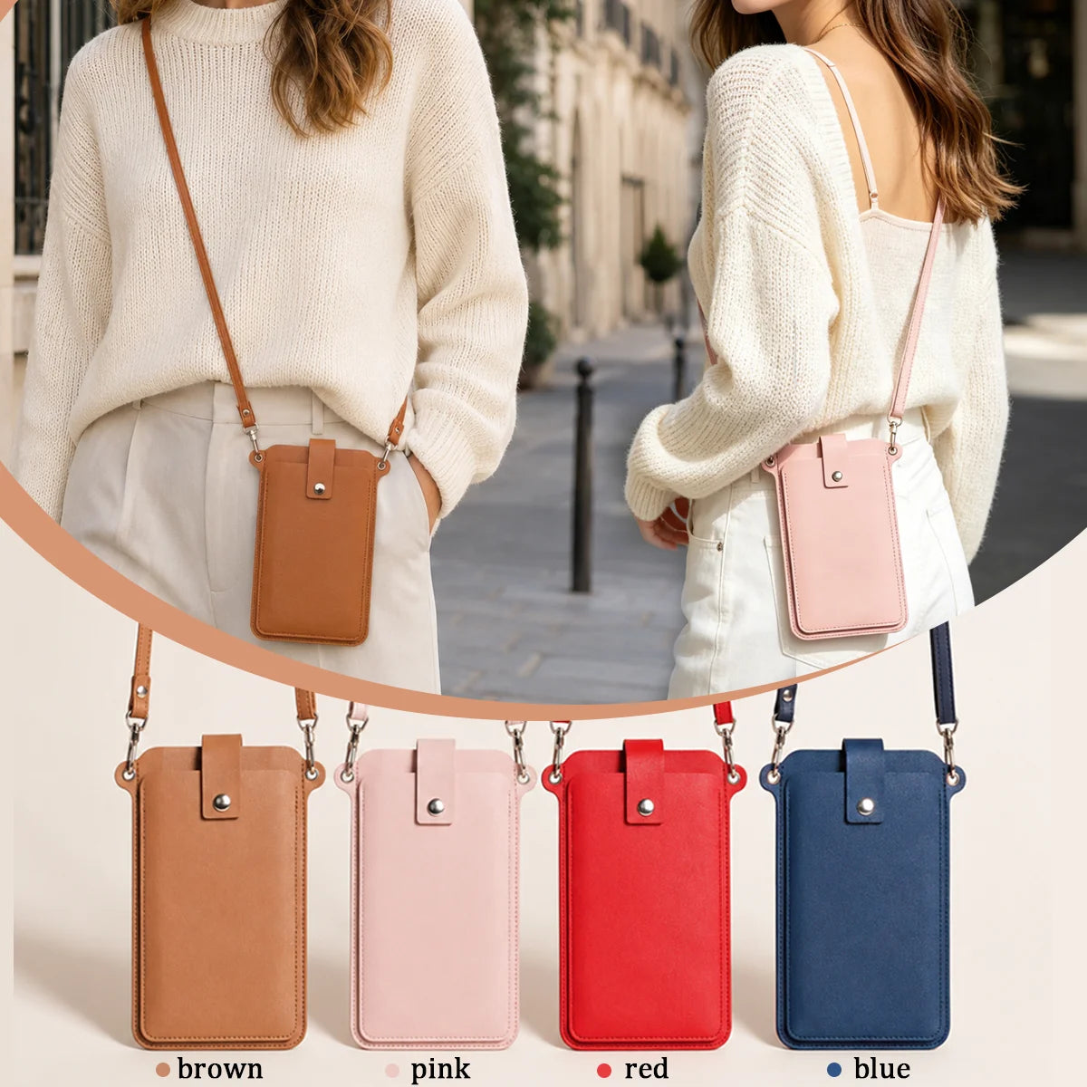 A collection of women's mini PU leather crossbody phone bags in brown, pink, red, and blue.