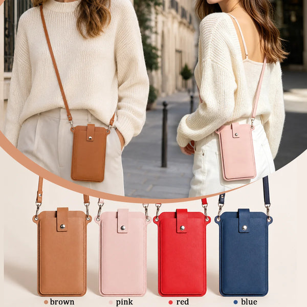 A collection of women's mini PU leather crossbody phone bags in brown, pink, red, and blue.