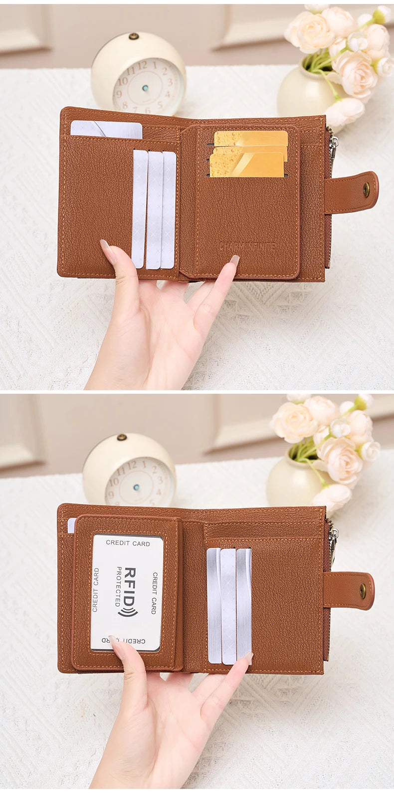 A brown leather compact RFID-blocking wallet is shown open, displaying credit cards and a coin pouch.