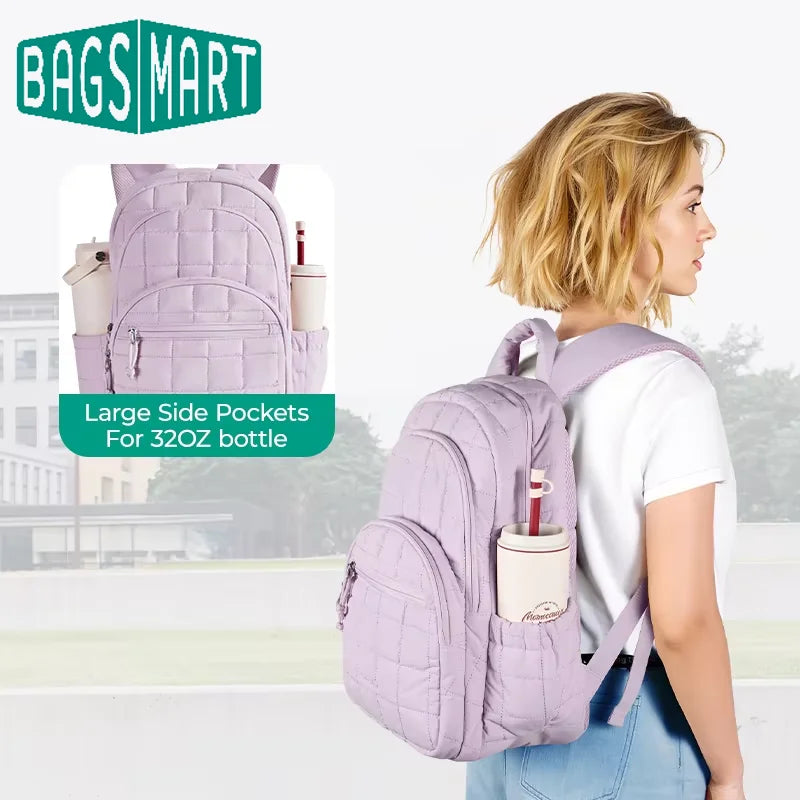 A woman is carrying a purple quilted casual backpack with large side pockets and a water bottle inside.