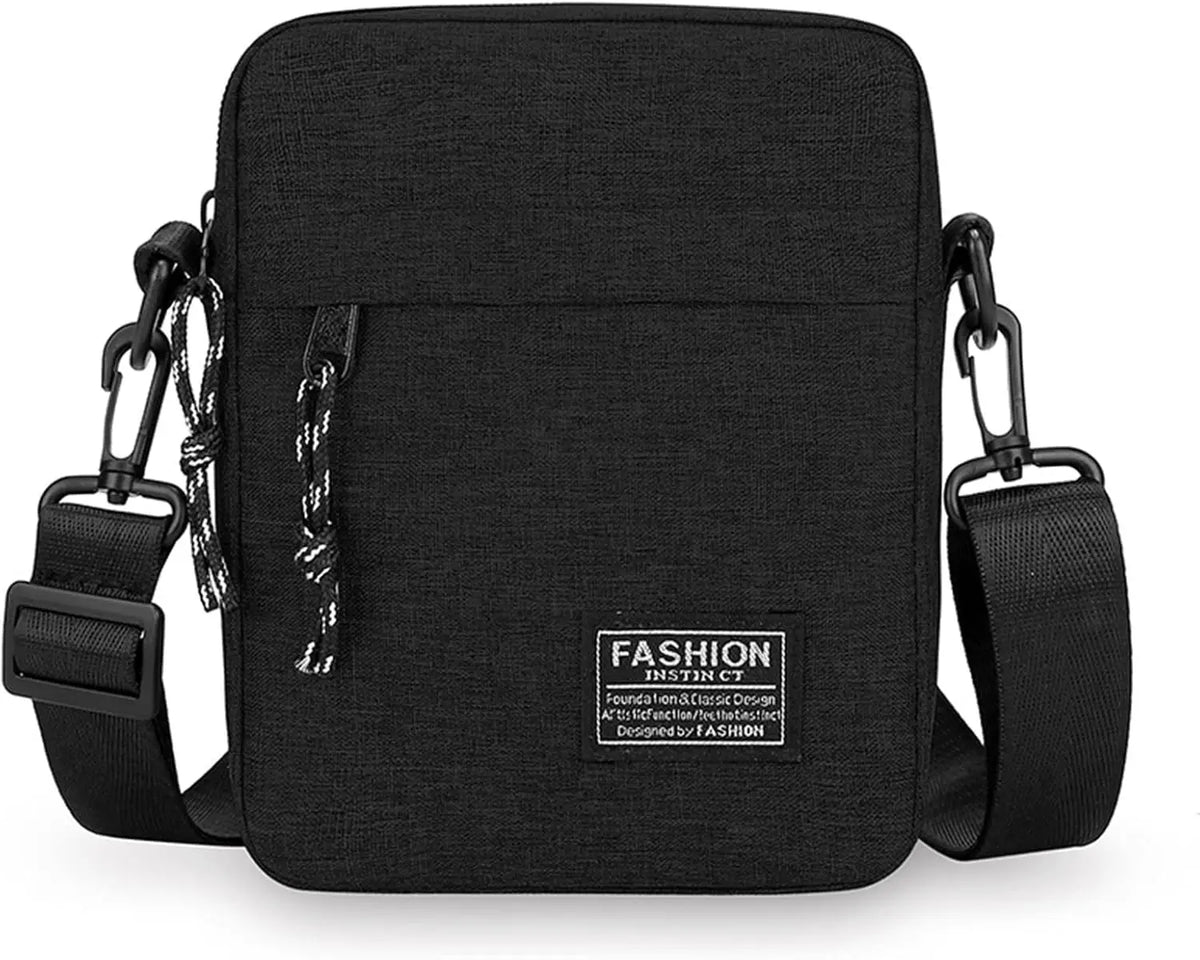 Black men's compact crossbody sling bag with adjustable strap and buckle.