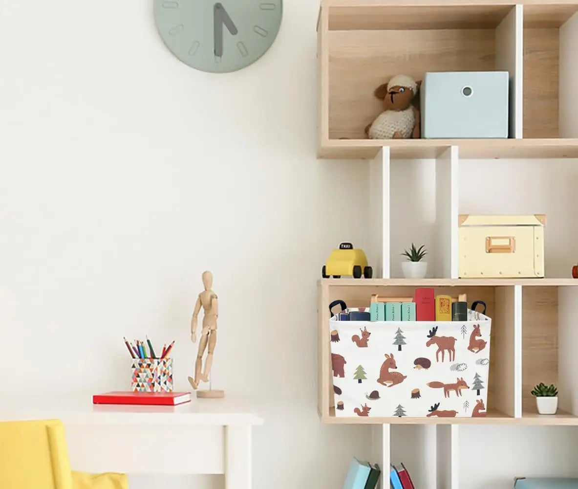A wooden shelf unit displaying various items including a clock, a stuffed animal, and a fabric storage basket.
