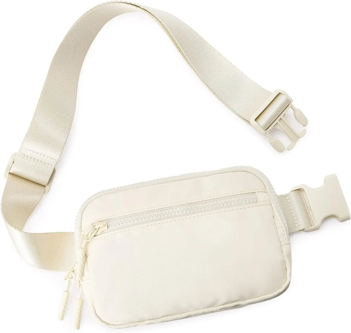 A beige multi-functional crossbody storage bag with a strap and zipper pocket.