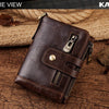 A dark brown genuine leather bifold wallet with a double zipper and RFID protection resting on a wooden surface.