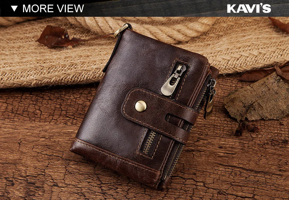 A dark brown genuine leather bifold wallet with a double zipper and RFID protection resting on a wooden surface.
