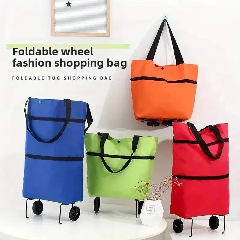 A collection of foldable shopping bags in blue, orange, and red displayed on a white surface.