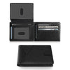 A black slim RFID blocking men's bifold wallet shown in two views, including the closed and open versions.