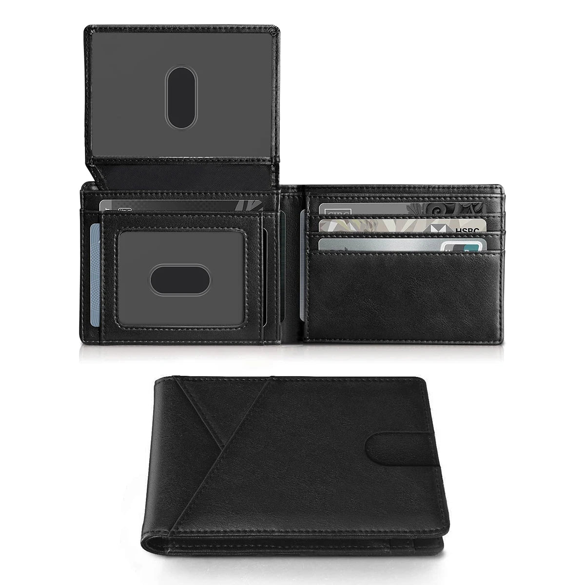 A black slim RFID blocking men's bifold wallet shown in two views, including the closed and open versions.