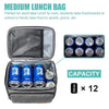 A gray insulated thermal lunch bag with an open compartment showing twelve small, silver-colored food containers.