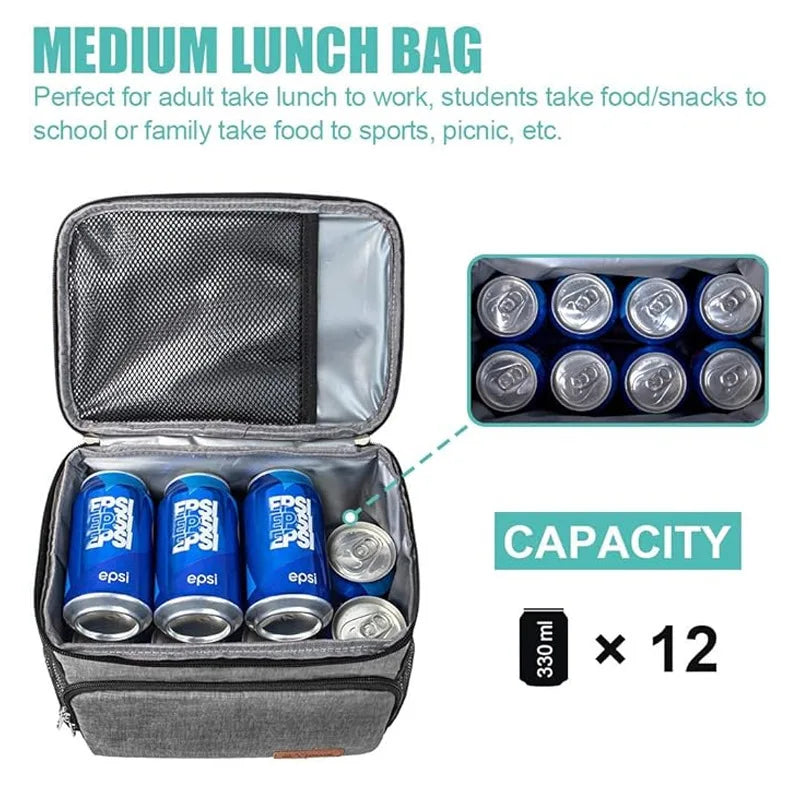 A gray insulated thermal lunch bag with an open compartment showing twelve small, silver-colored food containers.