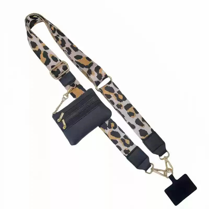 A black and tan leopard print phone lanyard with a detachable black leather wallet.