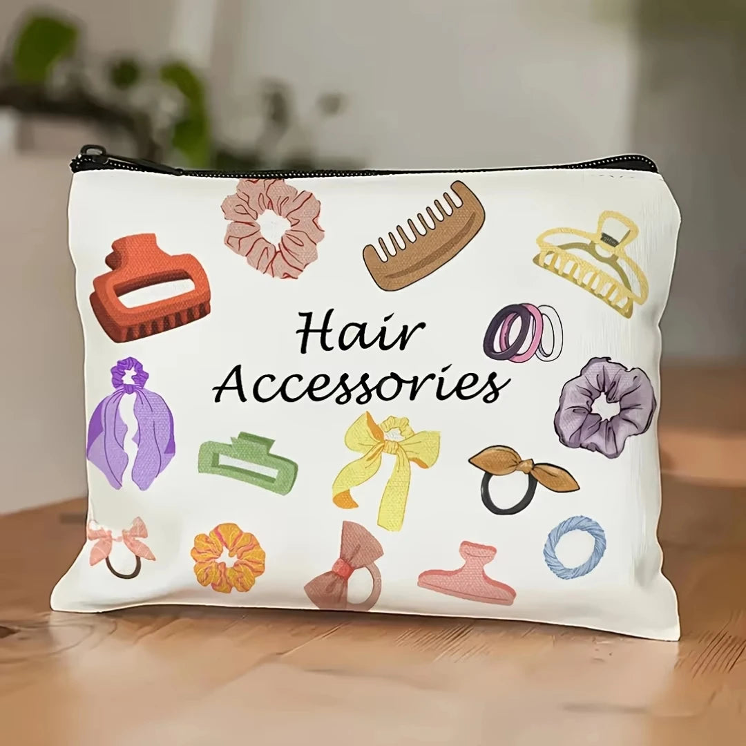 A white zippered pouch filled with various hair accessories like combs, clips, and scrunchies.