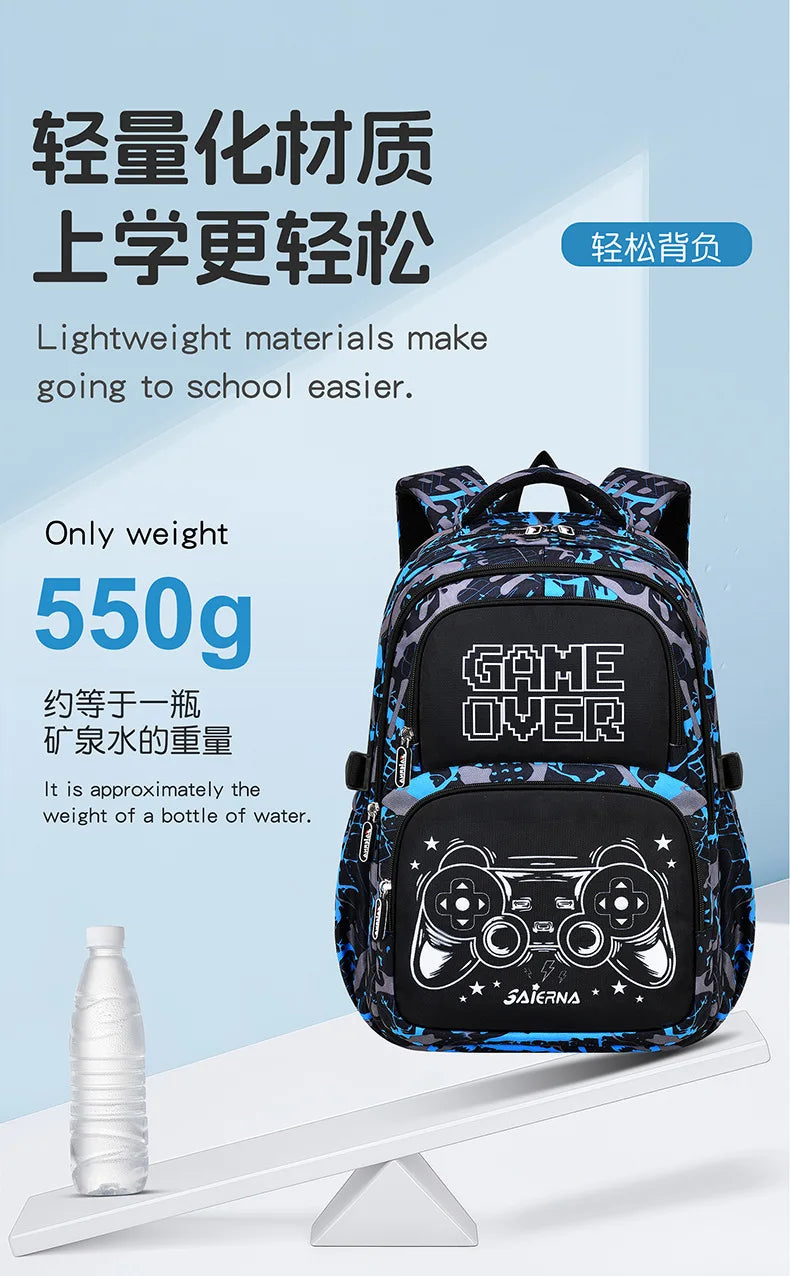 A dark blue and black lightweight backpack with a separate lunch bag is displayed on a white surface.