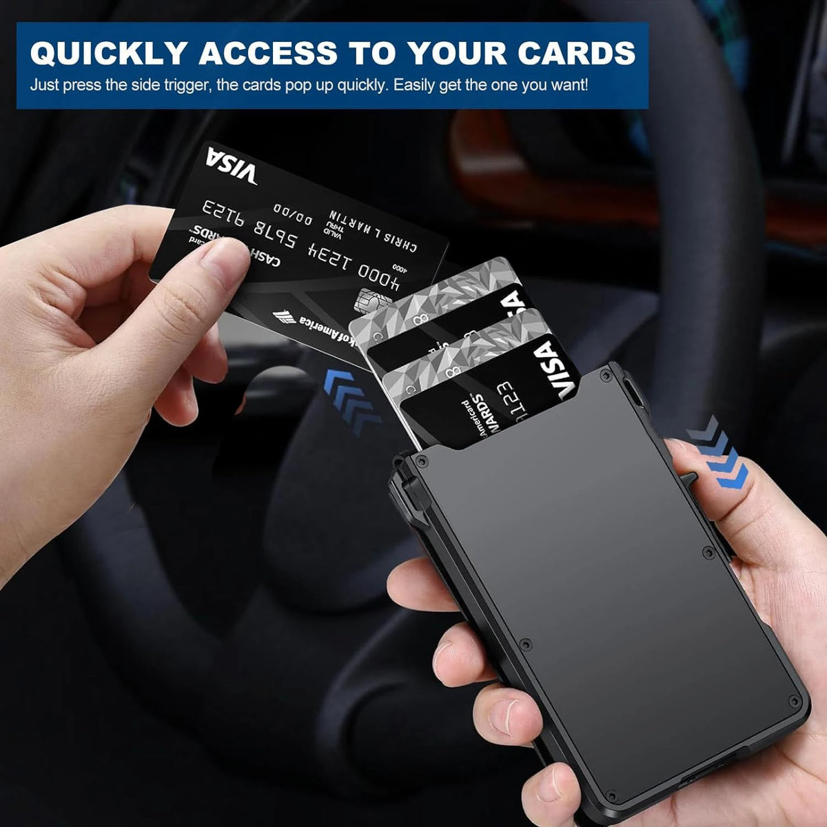 A hand holds a slim black card wallet with multiple cards, including a Visa card, next to a car interior.