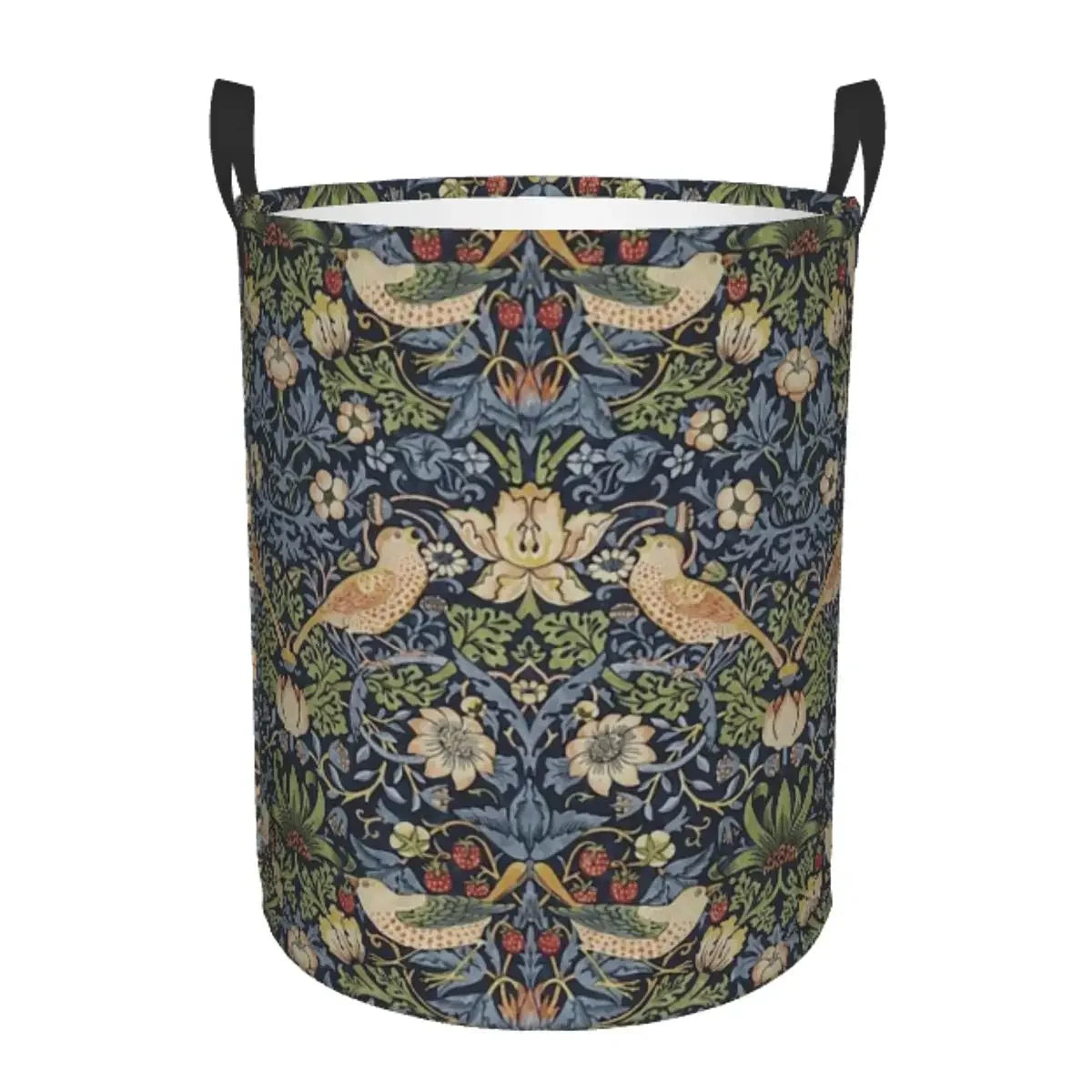 A vintage floral laundry hamper with a dark blue and green pattern featuring birds and foliage.