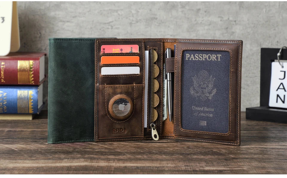 A brown leather passport card holder with multiple slots and a dark blue passport section is displayed on a wooden surface.