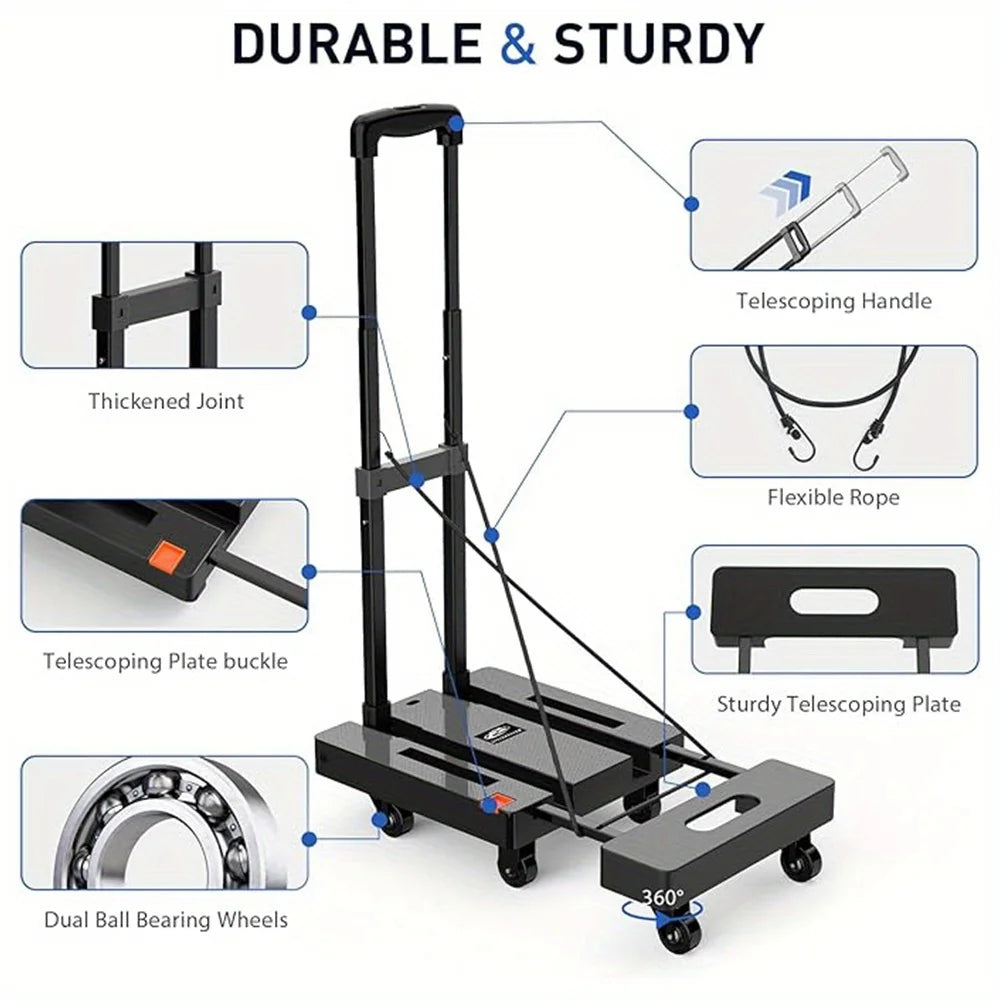 A black heavy duty folding hand truck with a telescoping handle, rope, plate, and dual ball bearing wheels.