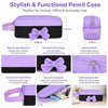 A purple and black pencil case with a bow design, featuring a zipper closure and hand strap.