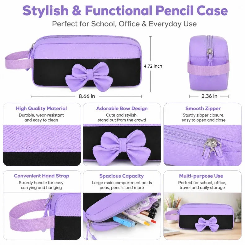 A purple and black pencil case with a bow design, featuring a zipper closure and hand strap.